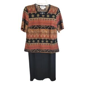 Nancy Michaels Brown Aztec Short Sleeve Top & Black Straight Skirt Womens Size 8